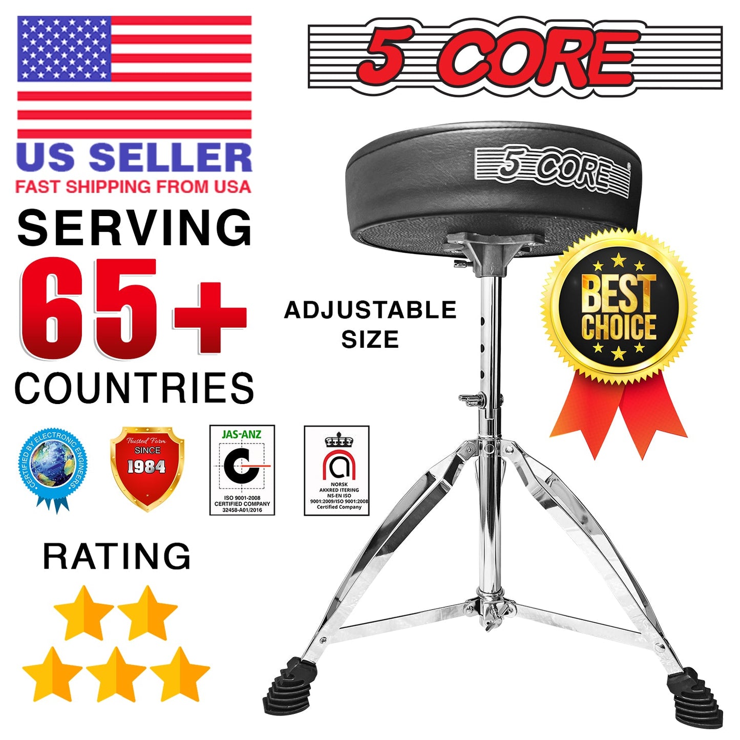 5Core Drum Throne Padded Adjustable Guitar Stool Drummer Seat for