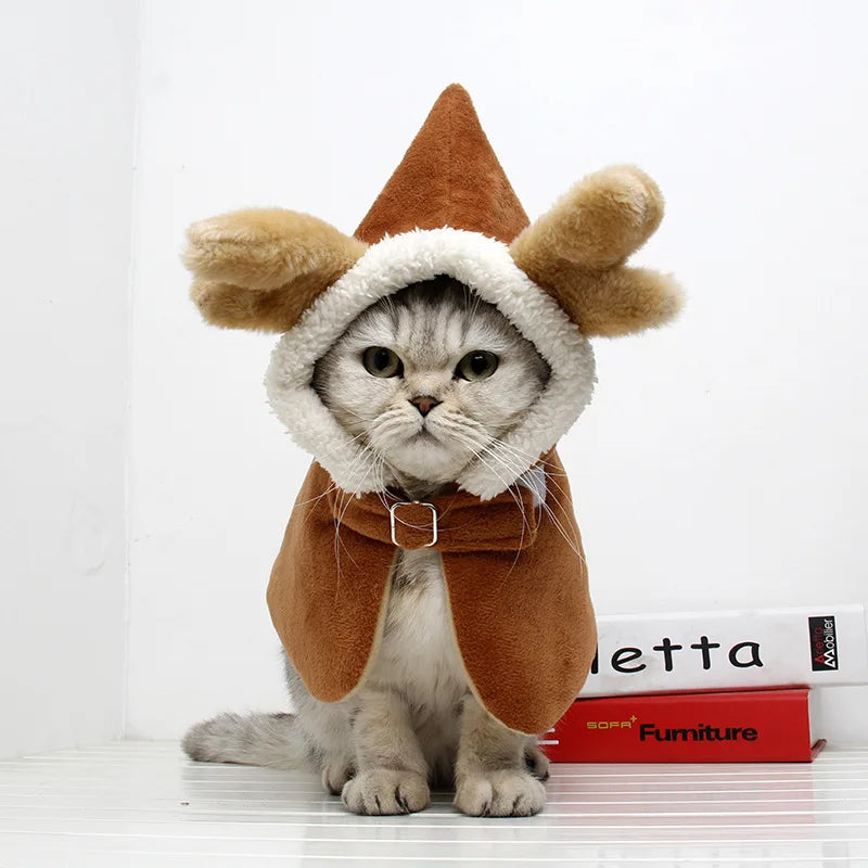 Funny Elk Design Cat Costume Antlers Cape Winter Christmas Party Cloak Pet Supplies Cat Accessories Dog Cosplay Warm Coat