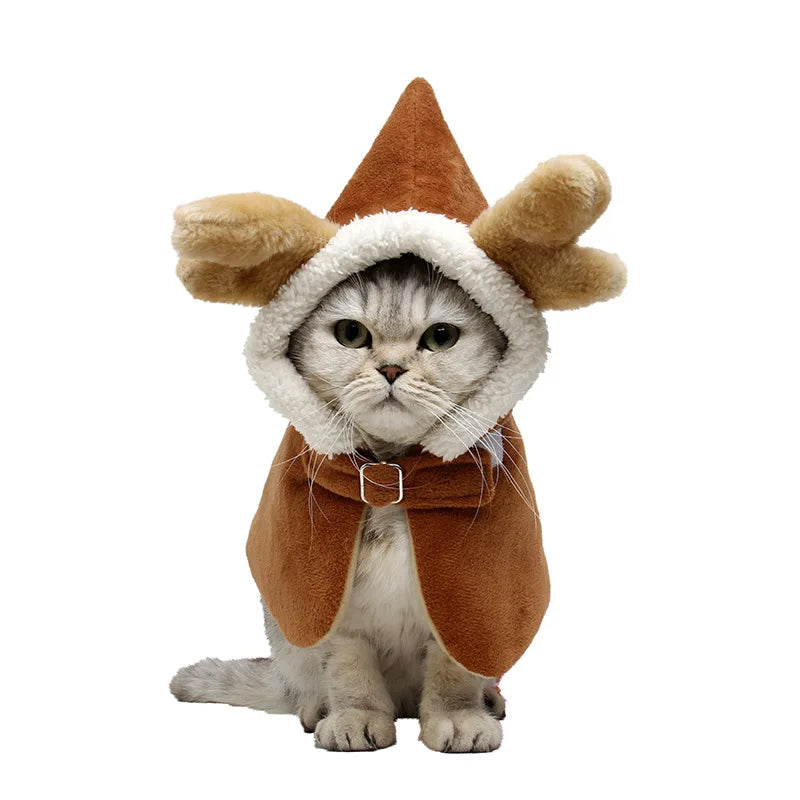 Funny Elk Design Cat Costume Antlers Cape Winter Christmas Party Cloak Pet Supplies Cat Accessories Dog Cosplay Warm Coat 