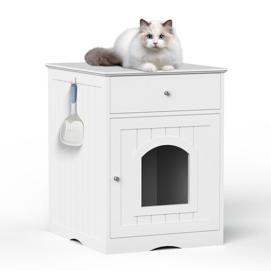 Wooden Pet House Cat Litter Box Enclosure with Drawer Side Table 