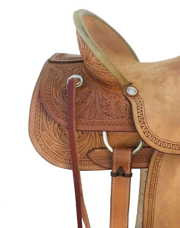 Western Rough Out Leather Hand carved Roper Ranch Saddle Size 14"