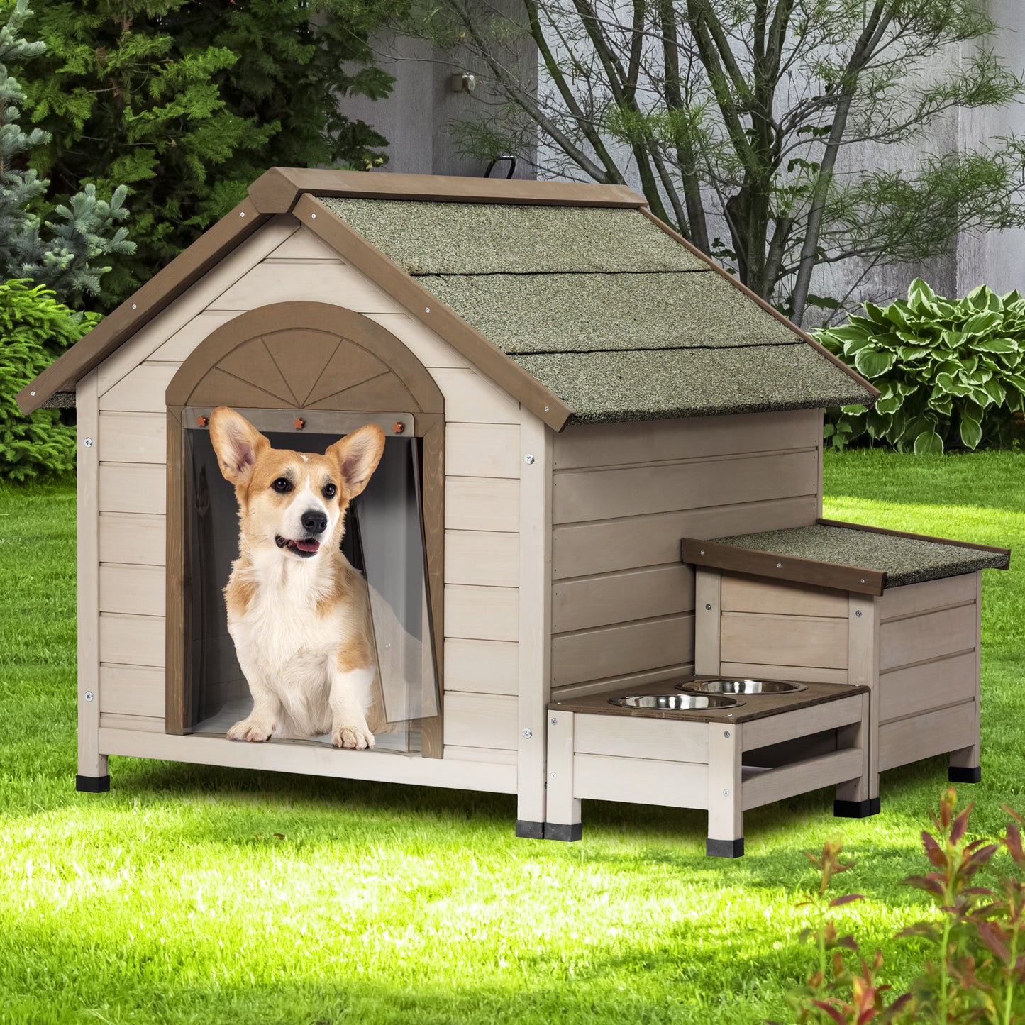 Outdoor fir wood dog house with an open roof ideal for small to medium 